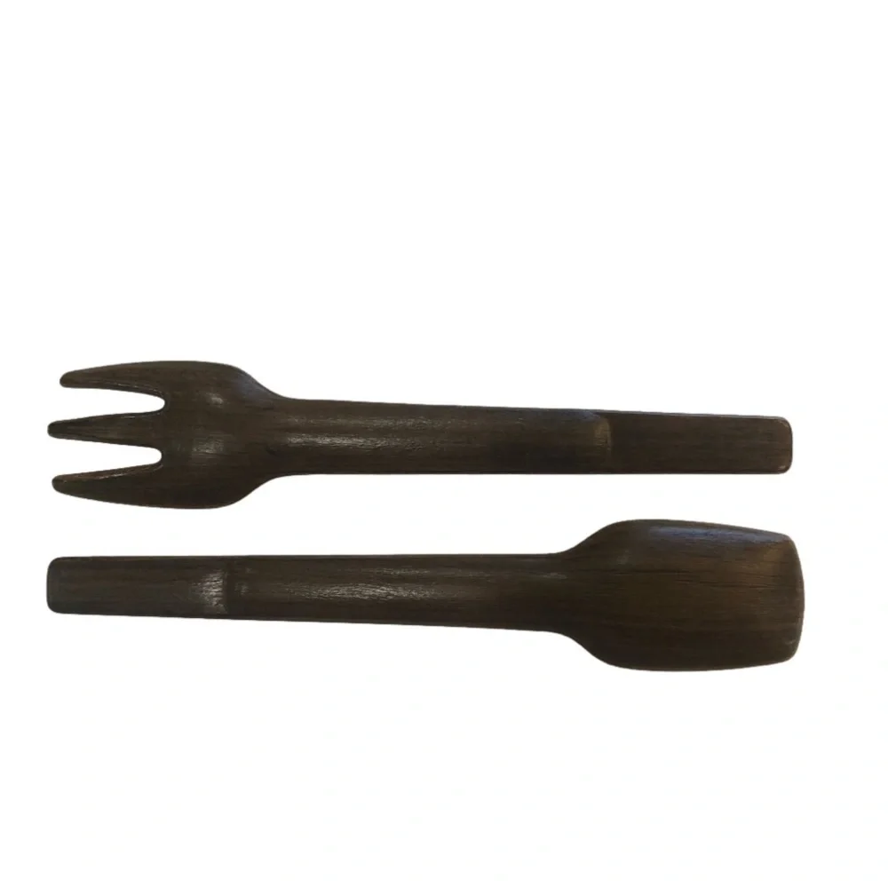 MCM wooden salad servers fork and spoon with decorative metal accents. Geometric